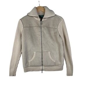 Lauren Ralph Lauren Faux Fur Lined Ribbed/Suede Full Zip Sweater size Large Beig
